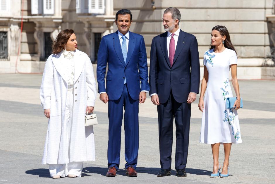 Spanish King Felipe VI and Letizia Ortiz receive Their Highnesses Sheikh Tamim Bin Hamad Al Thani, Emir of the State of Qatar, and Sheikha Jawaher Bint Hamad Bin Suhaim Al Thani, in Madrid, Tuesday, May 17, 2022