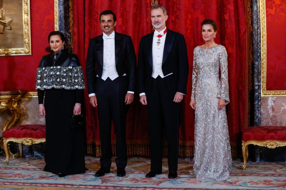 Spanish King Felipe VI and queen Letizia Ortiz with Sheikh Tamim Bin Hamad Al Thani, Emir of the State of Qatar, and Sheikha Jawaher Bint Hamad Bin Suhaim Al Thani during a gala dinner at the RoyalPalace, in Madrid, due to the official trip of QatarEmir to Spain, in Madrid on Tuesday 17 May 2022.