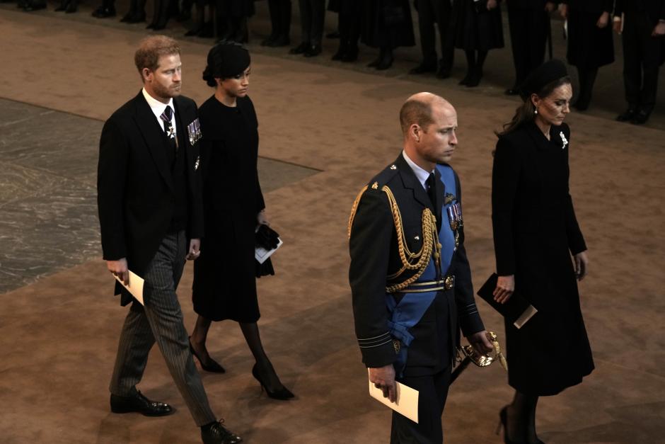 Britain´s Prince Harry , Meghan Markle Duchess of Sussex, Prince William and Kate Middleton , Princess of Wales during transfer of Queen Elizabeth II's remains from BuckinghamPalace to WestminsterHall, London on September 14, 2022.