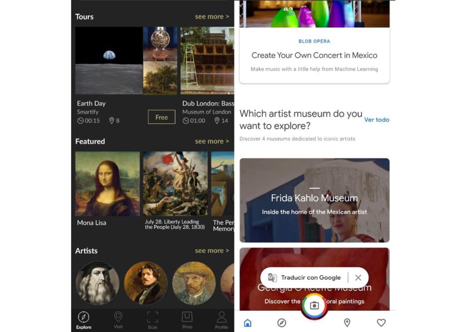 Página de inicio de Smartify (Arriba-izquierda) y Arts & Culture (derecha)