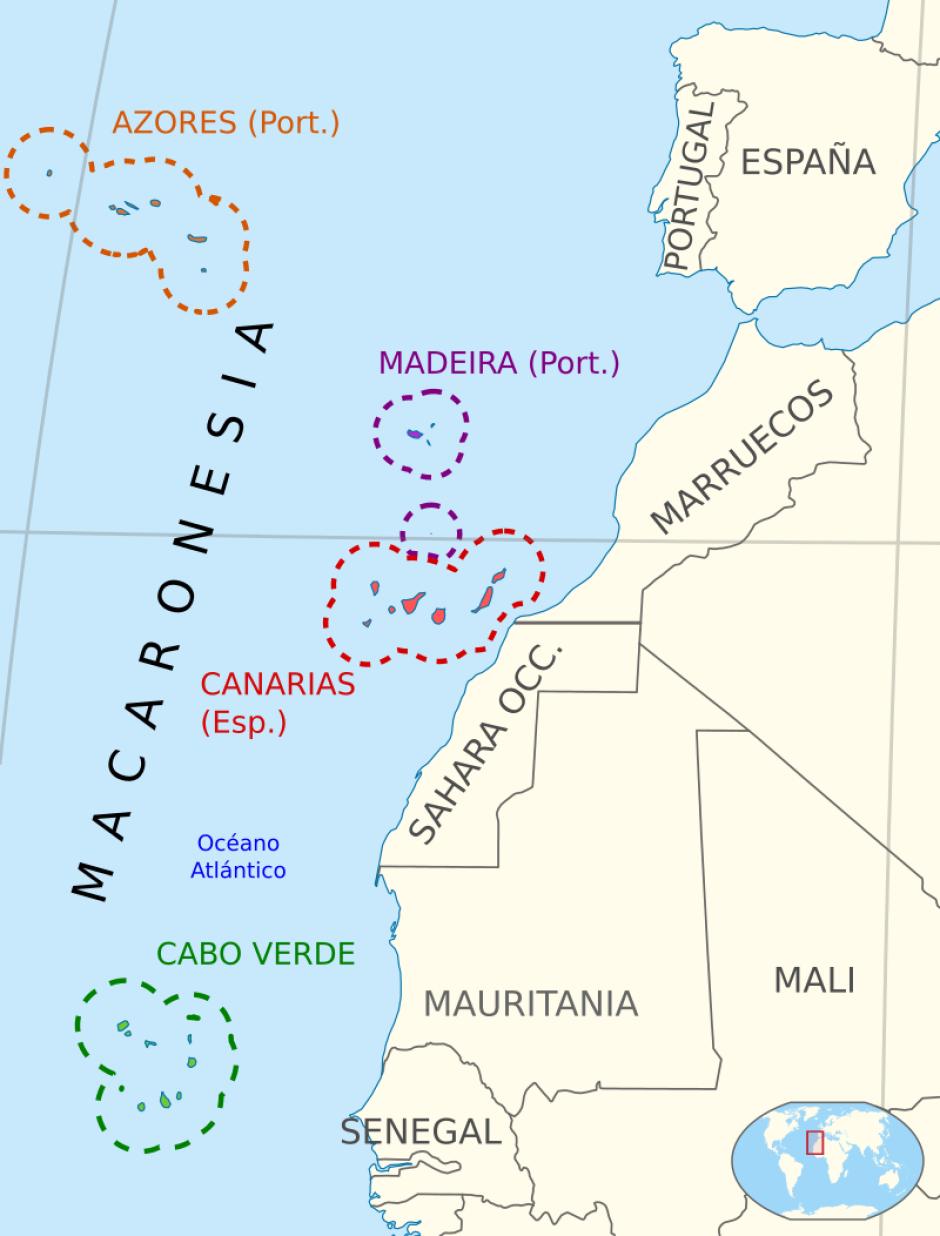 Mapa que representa a los distintos archipiélagos que conforman la Macaronesia
