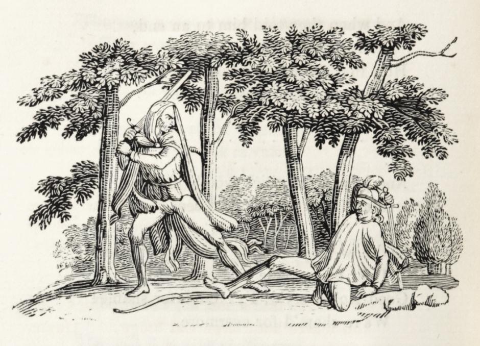 Robin Hood y Guy de Gisborne, grabado en madera, Thomas Bewick, 1832