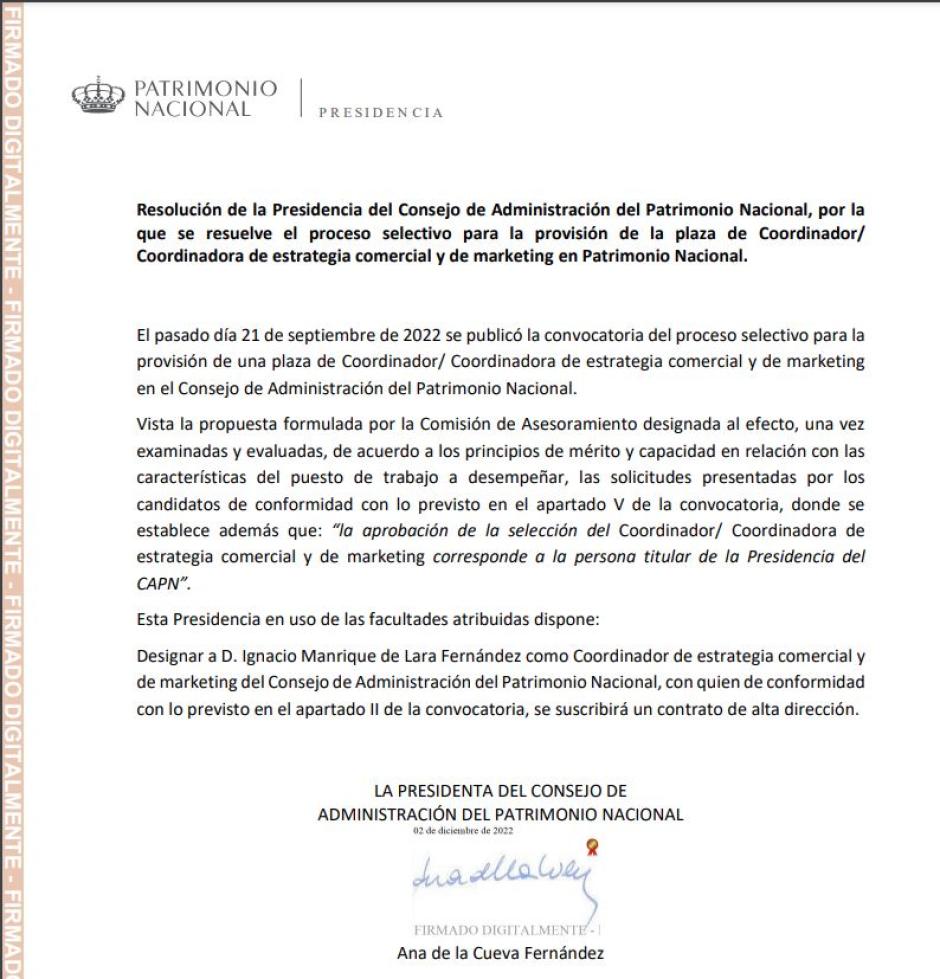 Resolución de Patrimonio Nacional para resolver el proceso selectivo de la plaza, que se adjudicó al marido de Nadia Calviño.