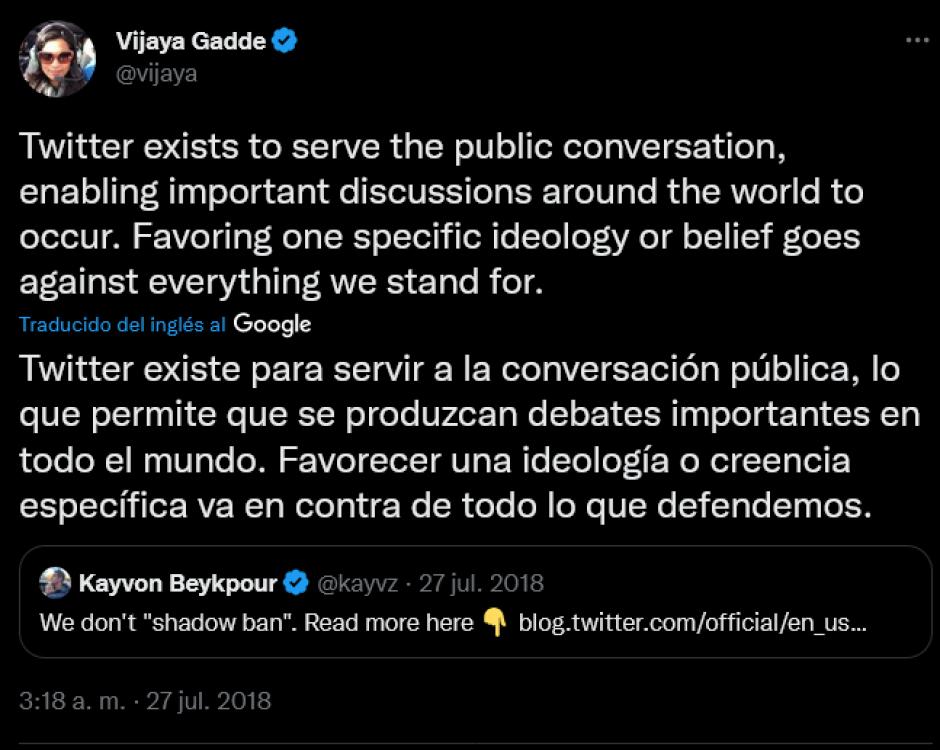 Tuit de Vijaya Gadde sobre la censura en Twitter en 2018