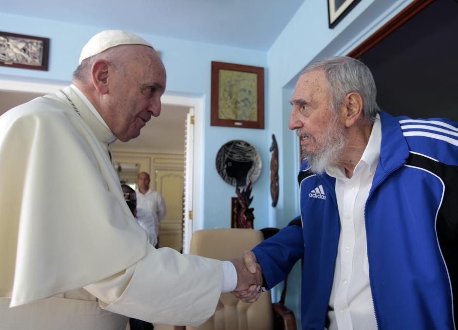 Pope Francis and Cuba's Fidel Castro shakes hands, in Havana, Cuba, Sunday, Sept. 20, 2015.