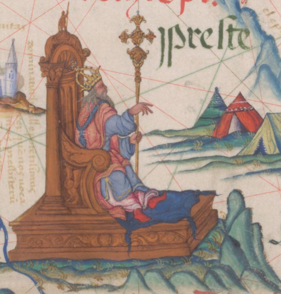 El Preste Juan como emperador de Etiopía, entronizado sobre un mapa del África oriental en un atlas para la reina María I de Inglaterra