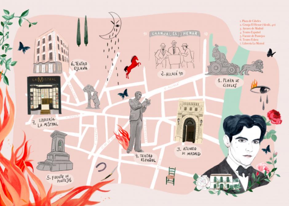 Mapa de la ruta por el Madrid de Lorca diseñado por la ilustradora Lady Desidia
