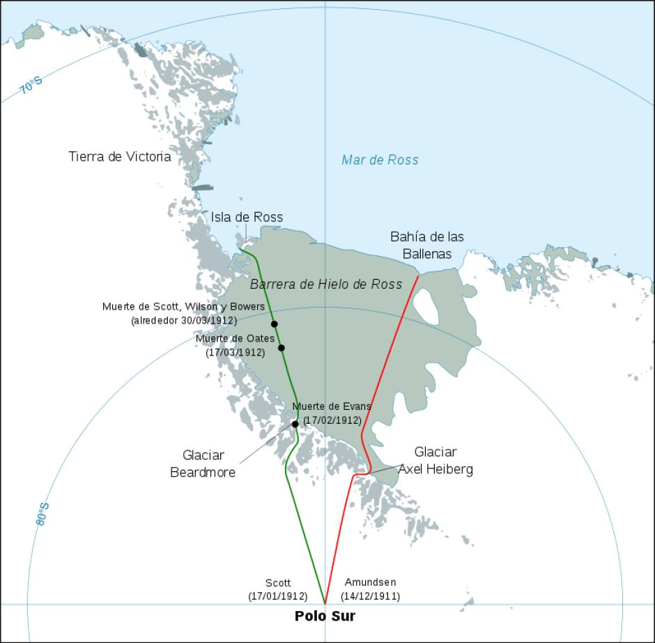 Mapa con las rutas seguida por Amundsen (en rojo) y Scott (verde)
