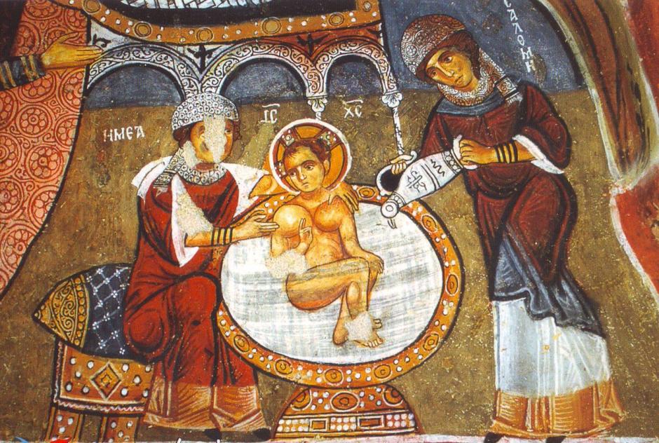 Salomé ayudando a bañar al Niño Jesús