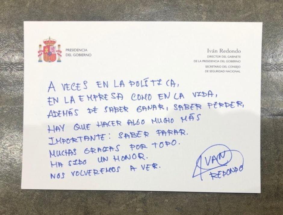 Nota manuscrita de Iván Redondo