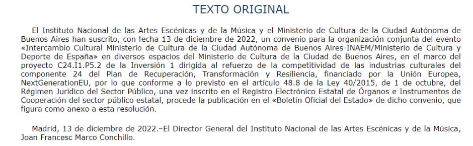 Convenio entre el Gobierno español y el Ministerio de Cultura de Buenos Aires