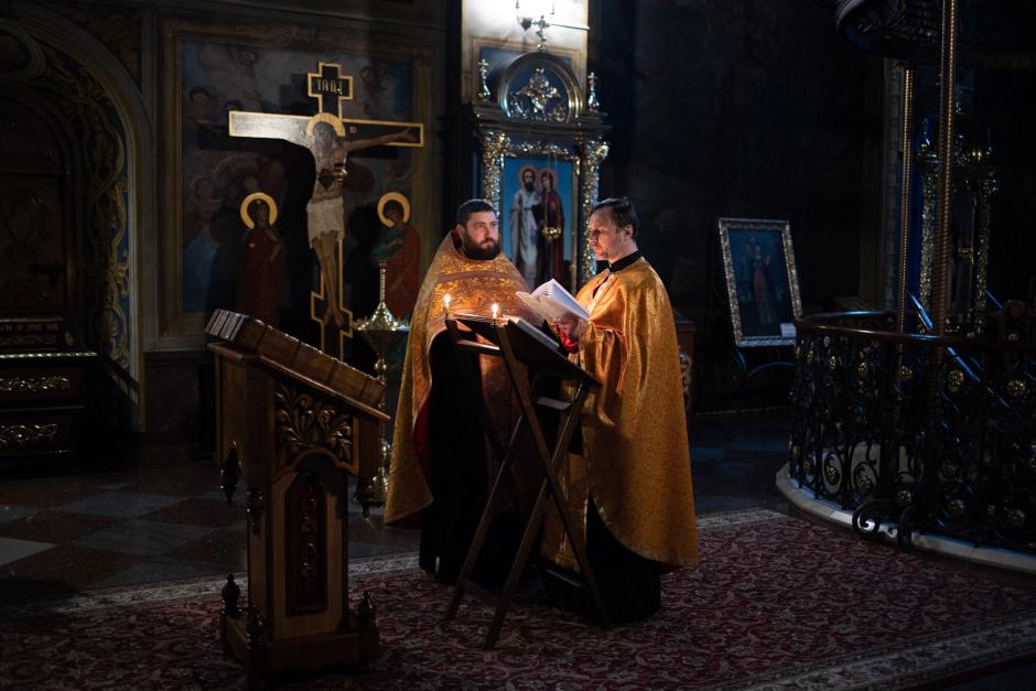 Orthodox Priest gives Mass to Ukrainian soldiers at a Orthodox Monastery in Kyiv (Kiev), Ukraine Capital, March 1, 2022, on the sixth day of the Russian Invasion of Ukraine.