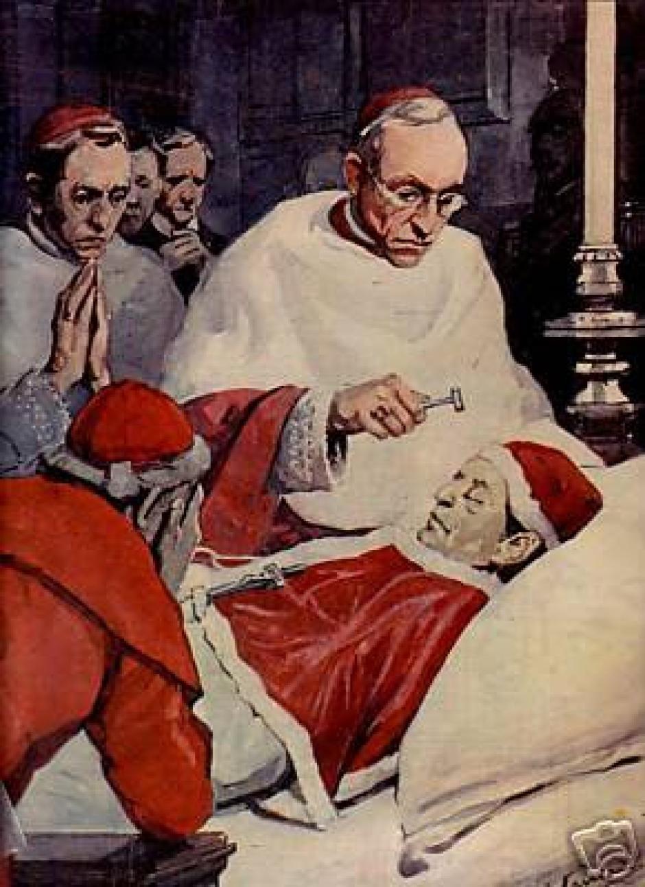 El camarlengo golpea con un martillo de plata al fallecido Pio XI