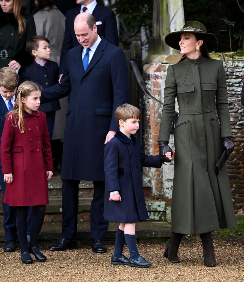 Prince William, Catherine Princess of Wales, Princess Charlotte, Prince George and Prince Louis attending the Christmas day in Sandringham in Norfolk, England, Sunday, Dec. 25, 2022.