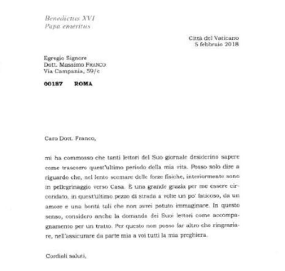 Imagen de la carta que Benedicto envió al Corriere della Sera