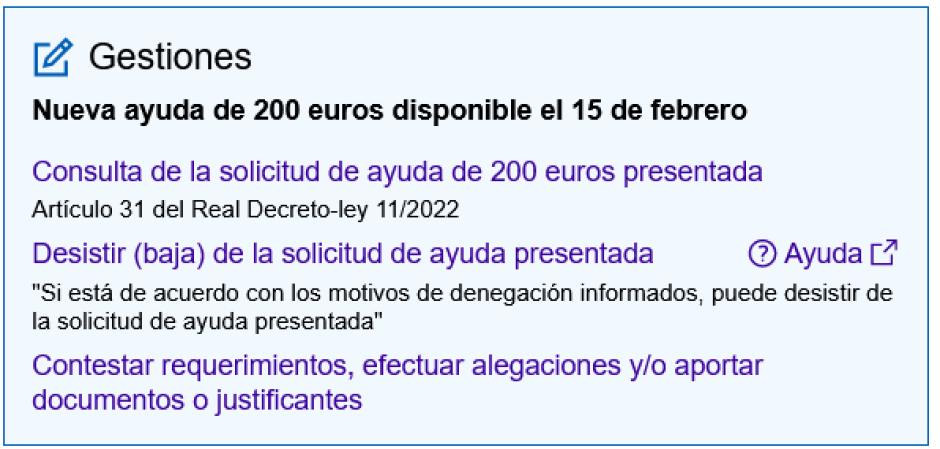 Un enlace permite desistir de una solicitud que no puede ser presentada hasta el 15 de febrero