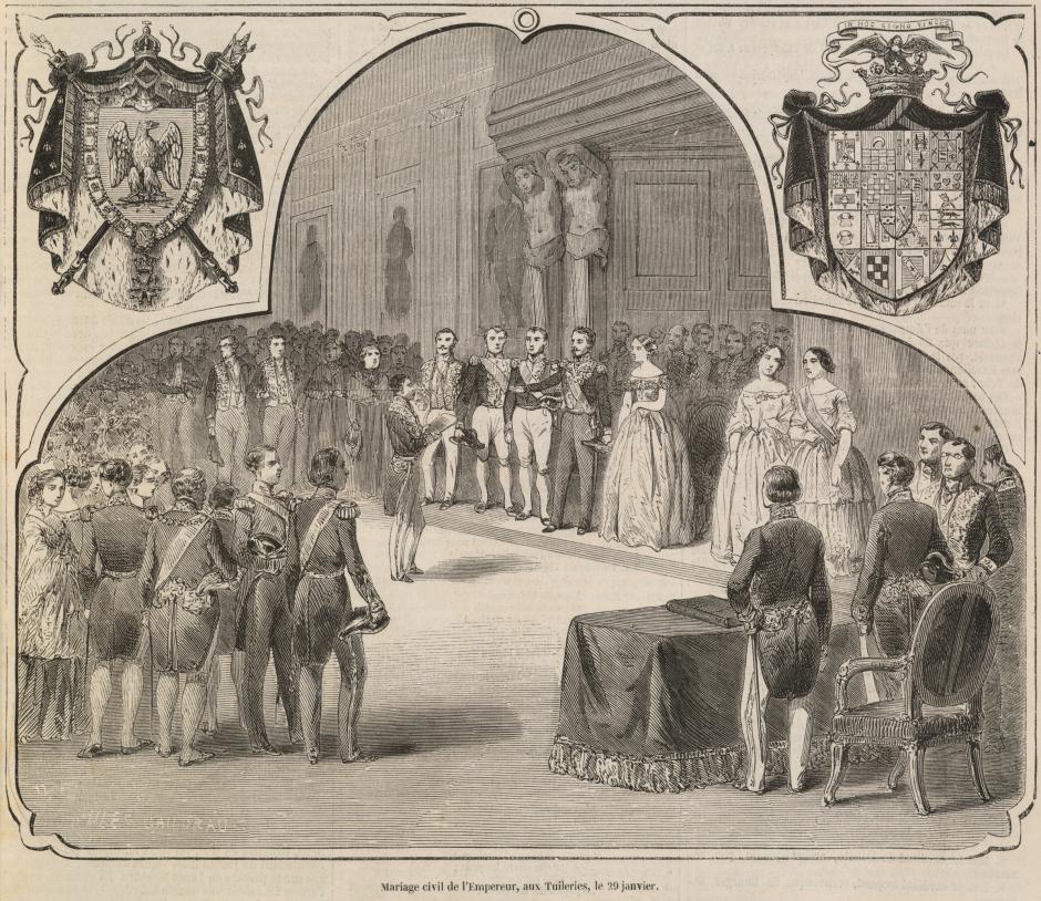 Grabado de 1853 realizado con motivo de la ceremonia de matrimonio civil de Napoleón III y de Eugenia de Montijo, celebrado el 29 de enero de ese mismo año