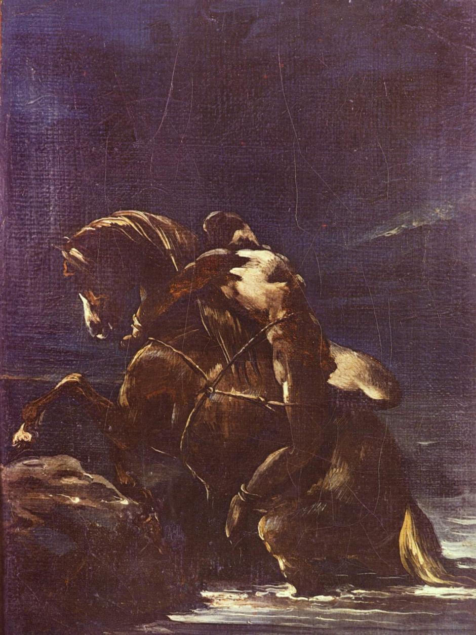 "Mazeppa" de Théodore Géricault , basada en un episodio del poema de Byron cuando el joven Mazeppa es castigado atándolo a un caballo salvaje