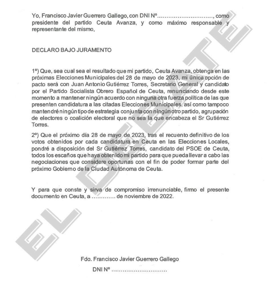 Documento que Juan Goñi entregó a Javier Guerrero