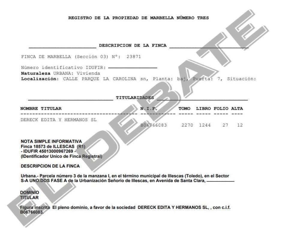Notas simples del Registro de la Propiedad sobre las viviendas de Málaga y Toledo