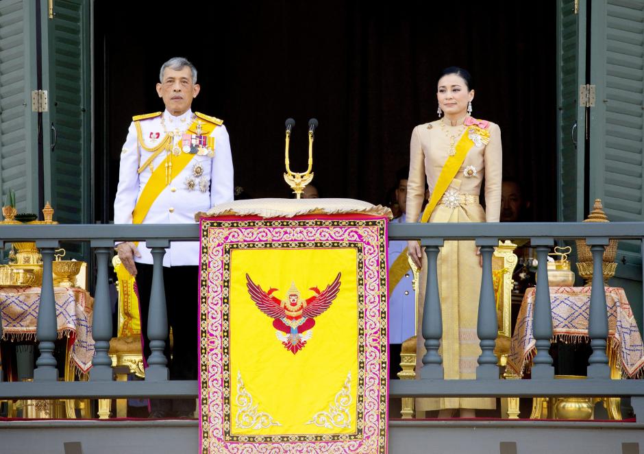 Thailand's King Maha Vajiralongkorn and Queen Suthida  Bodindradebayavarangkun grants a public audience on a balcony of Suddhaisavarya Prasad Hall in the Grand Palace to receive his well wishes from the people, on May 06, 2019