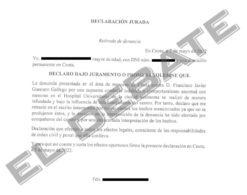 Declaración jurada de retirada de denuncia contra Javier Guerrero