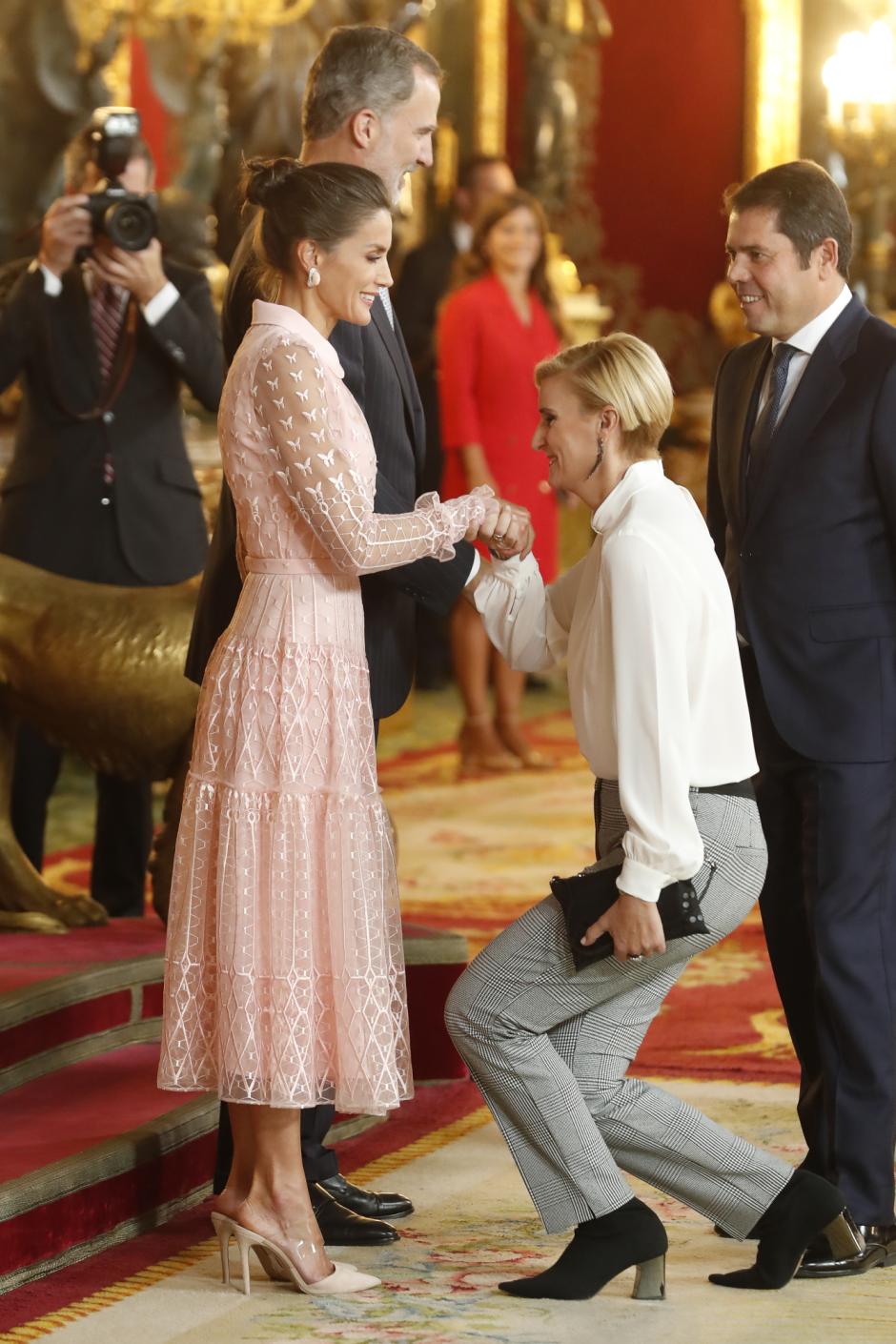Spanish King Felipe VI and Queen Letizia Ortiz with Maria Zurita attending a reception at Royal Palace during the known as Dia de la Hispanidad, Spain's National Day, in Madrid, on Saturday 12nd October, 2019.