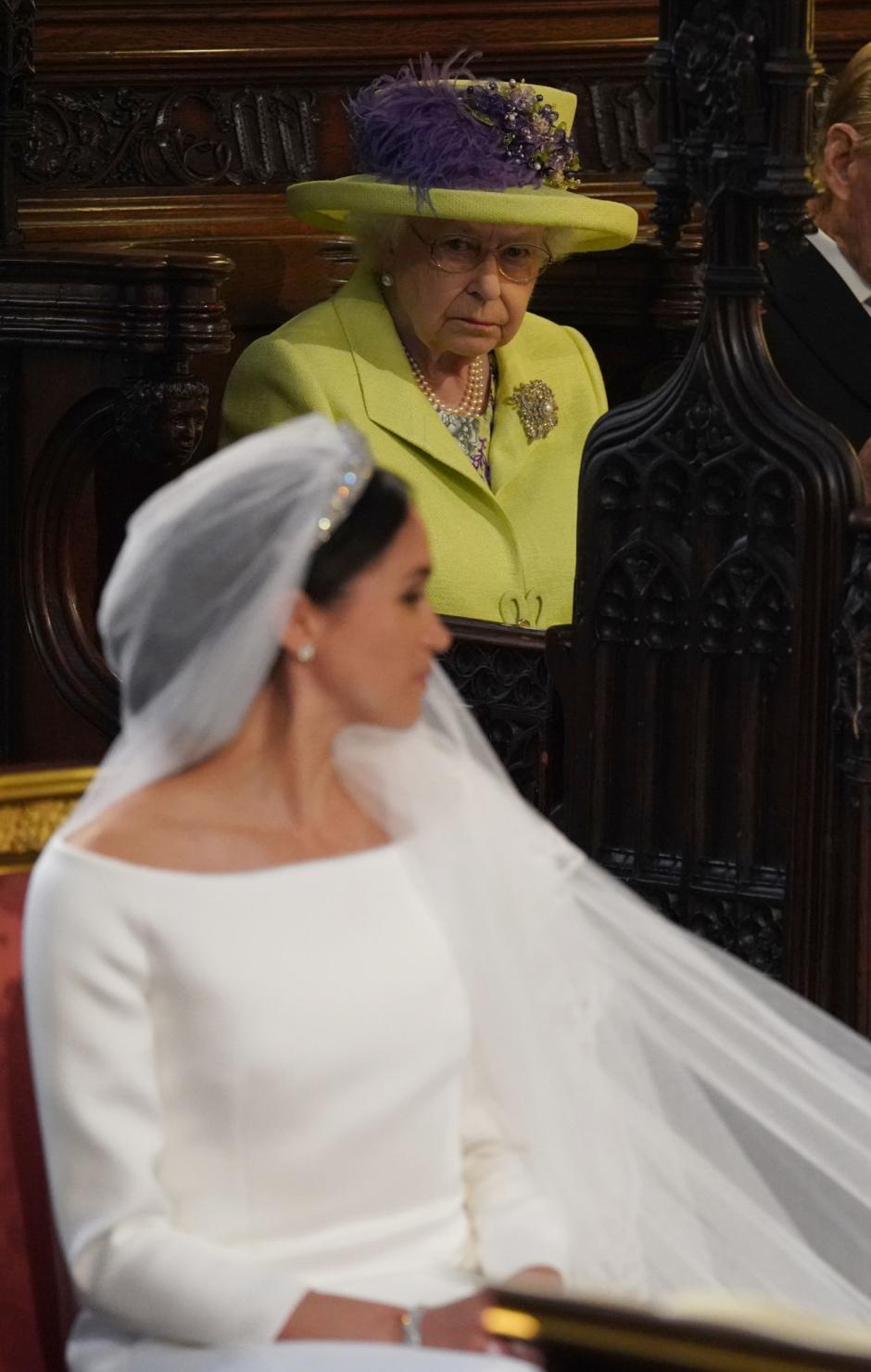 Queen Elizabeth II during the wedding of Prince Harry and Meghan Markle in St George's Chapel at Windsor Castle. *** Local Caption *** .
