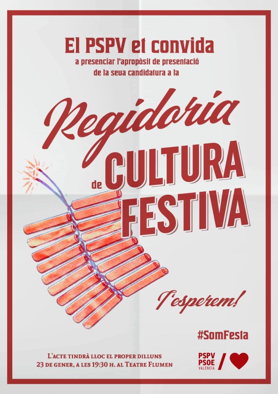 Cartel del PSPV-PSOE anunciando el acto para la Concejalía de Cultura Festiva.