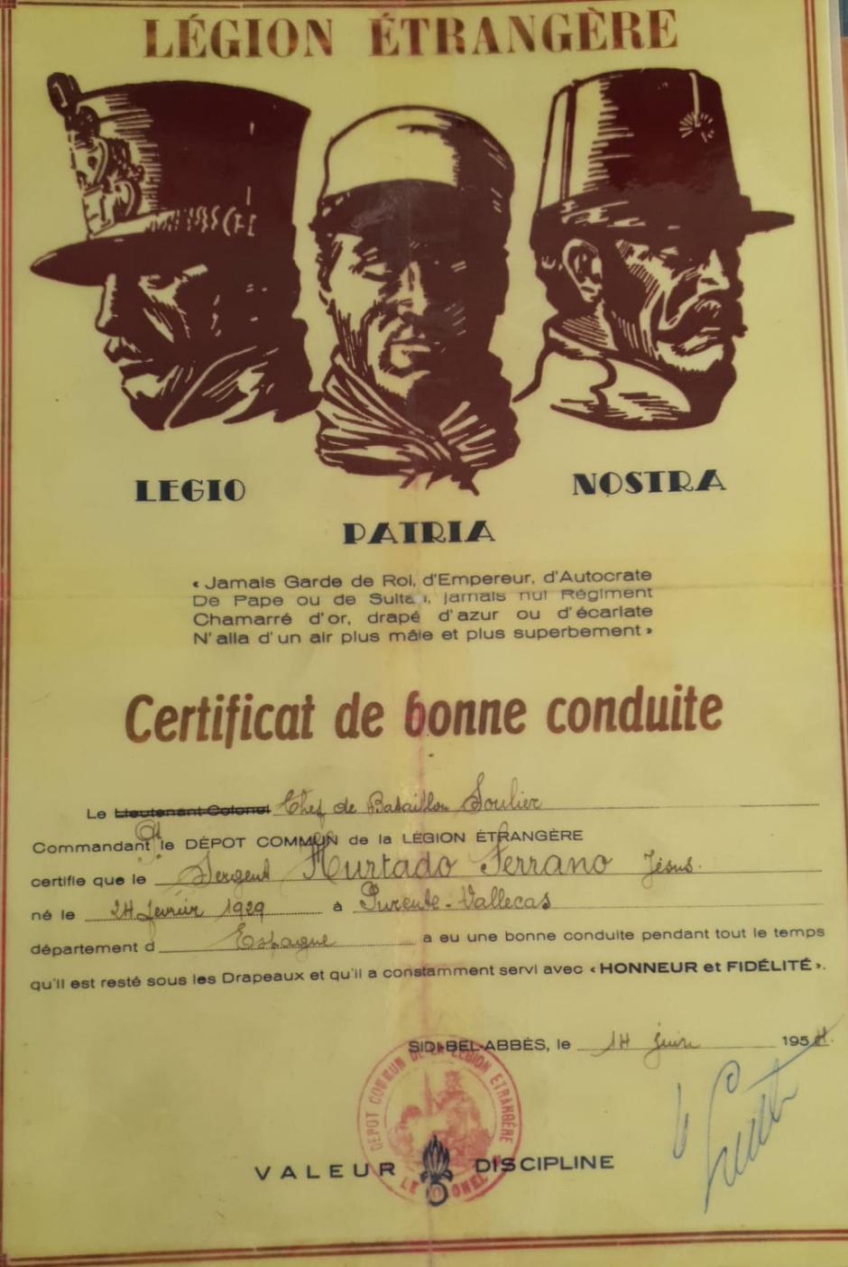 Certificado de buena conducta de la Legión Extranjera.