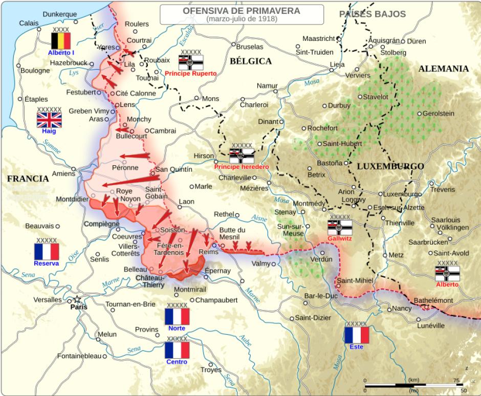 Mapa del avance alemán en la ofensiva entre marzo y julio de 1918