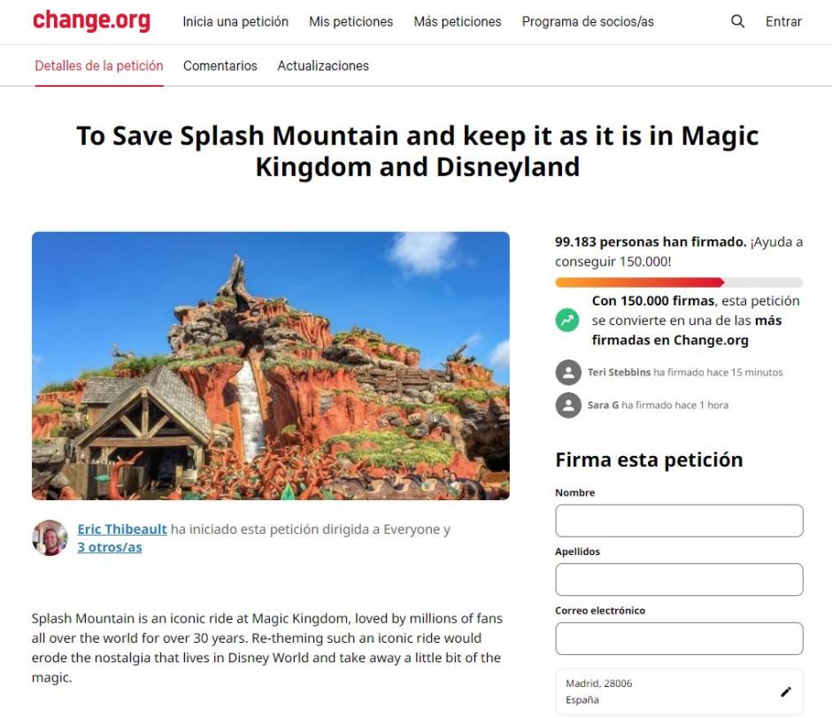 La petición 'Save Splash Mountain' de Change.org ha recogido más de 150.000 firmas