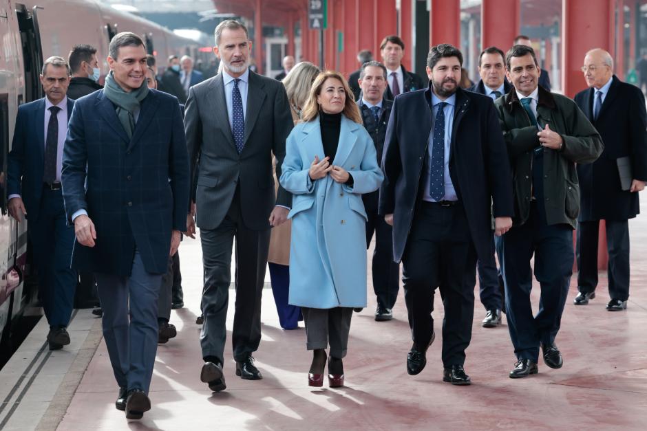 Spanish King Felipe VI and Pedro Sanchez during inauguration of Madrid Murcia High Speed in Madrid on Monday, 19 December 2022.