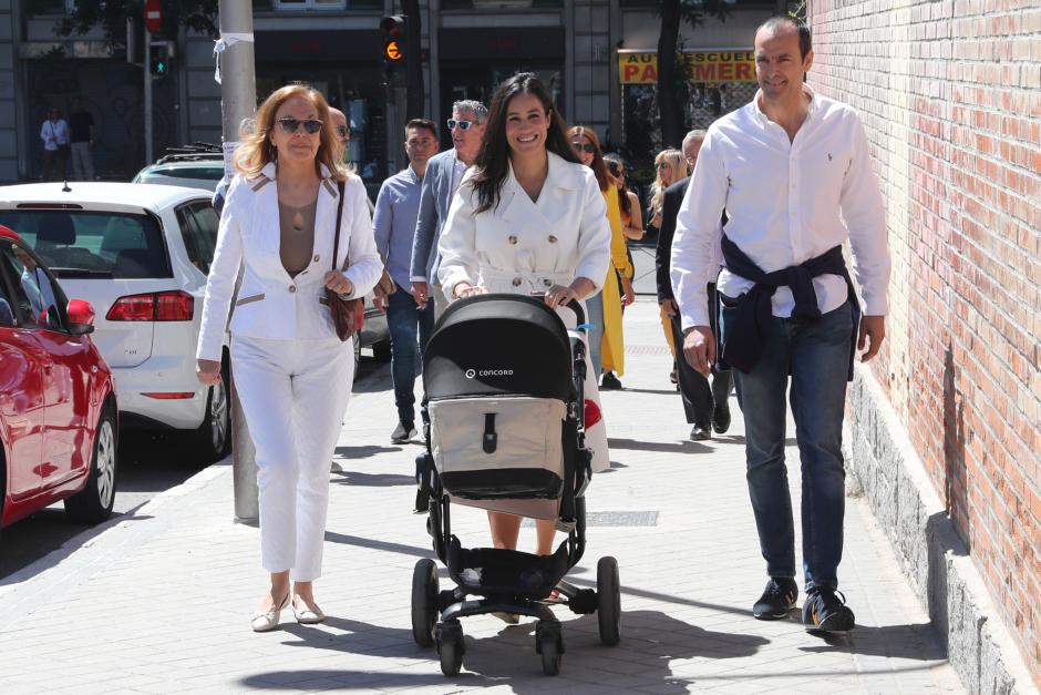 Politician Begoña Villacis and Antonio Suarez Valdes with daughter Ines Suarez at a polling station during Spain Autonomic and Regional Elections in Madrid on Sunday, 26 May 2019.