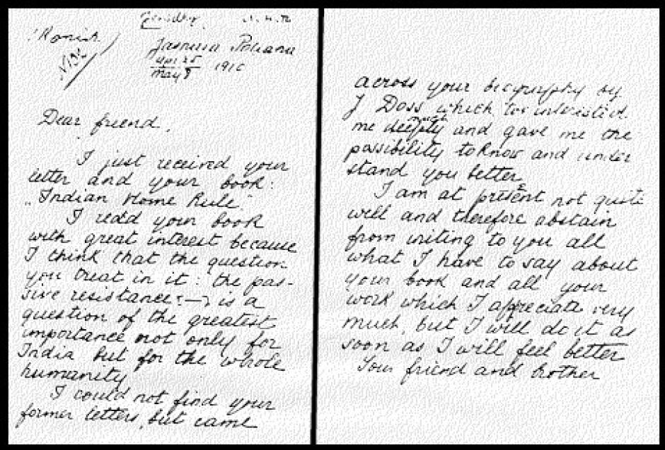 Una de las cartas de León Tolstói a Gandhi conservadas por la organización mkgandhi-sarvodaya.org