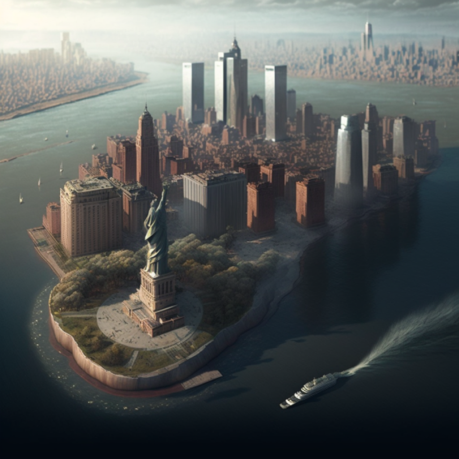 En el caso de Nueva York, la IA cree que alrededor de la Isla de la Libertad se levantarán otros rascacielos y edificios