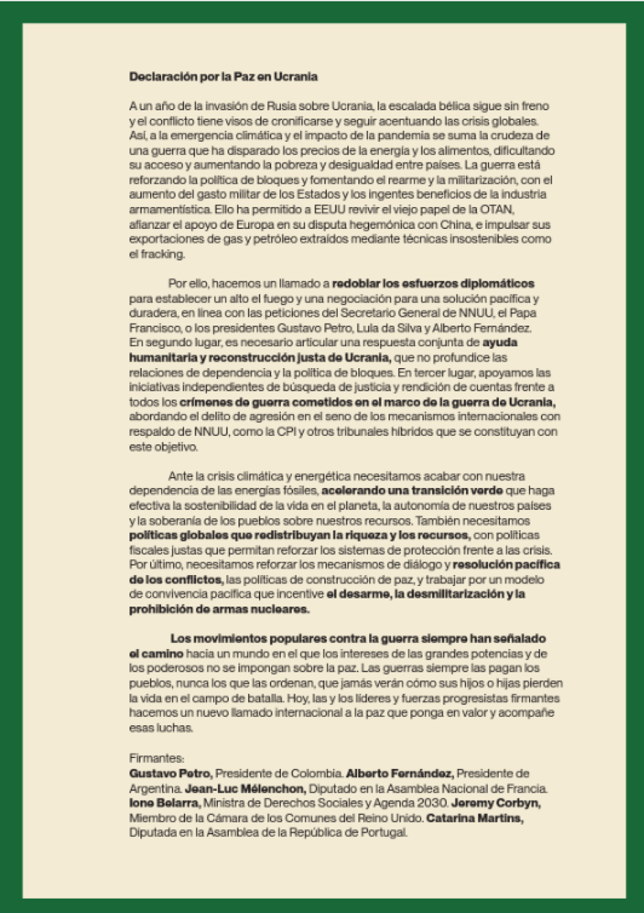 Manifiesto de Podemos y presidentes de Sudamérica por la paz en Ucrania y contra EE.UU