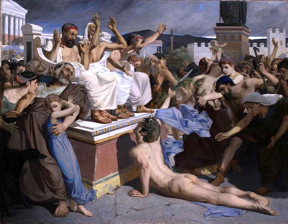 Pintura de Pheidippides cuando dio la noticia de la victoria griega sobre Persia en la batalla de Maratón al pueblo de Atenas