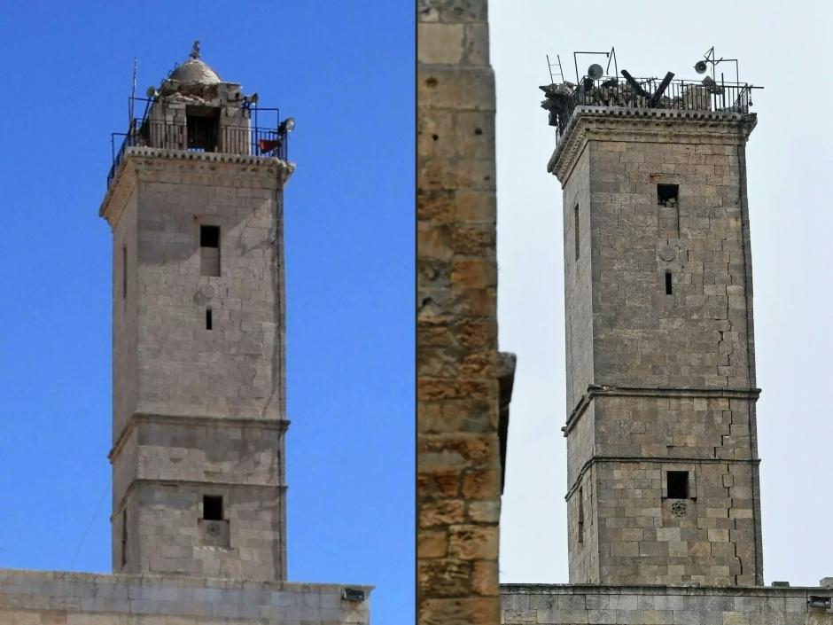 Antes y después del minarete de la mezquita de Şirvani, dentro de la ciudadela, en Turquía