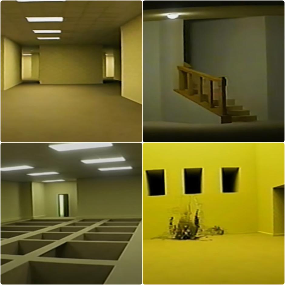 Cuatro escenas de la webserie Backrooms de Kane Pixels, en la que explora la dimensión terrorífica de los espacios liminales