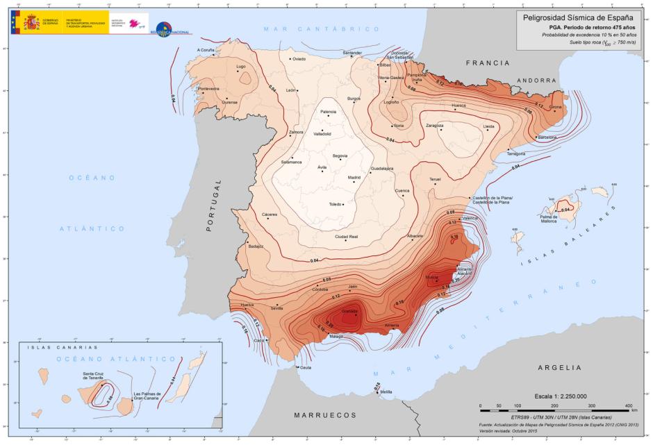 Las zonas señaladas en rojo oscuro tienen una elevada peligrosidad sísmica