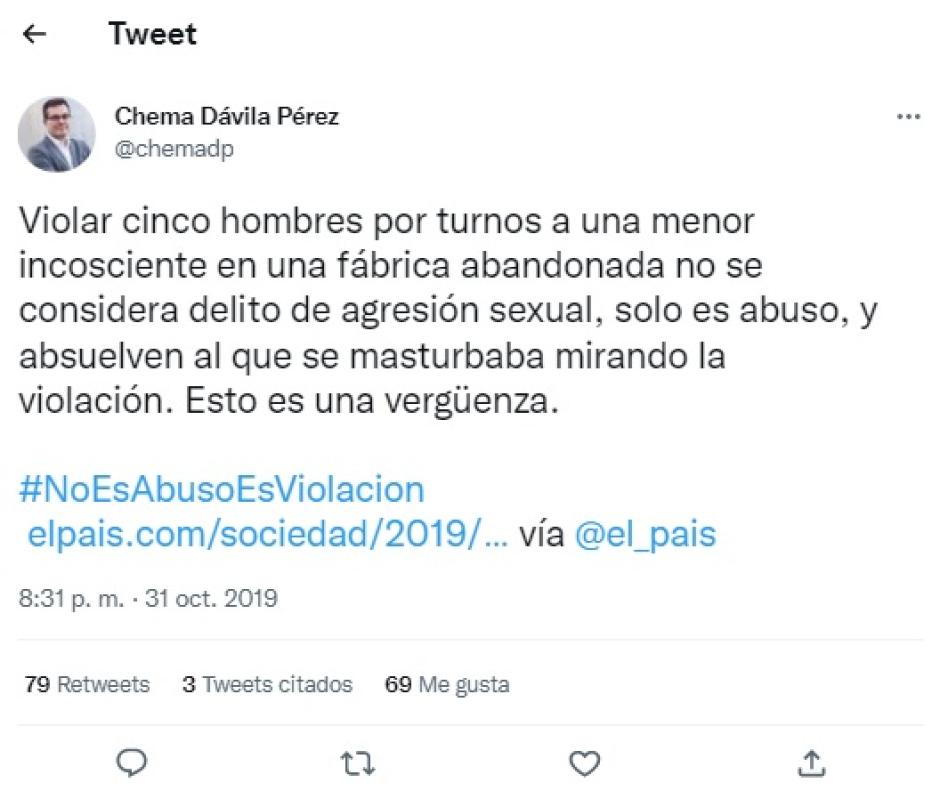 Tuit de Chema Dávila en el que usó el lema 'no es abuso es violación'