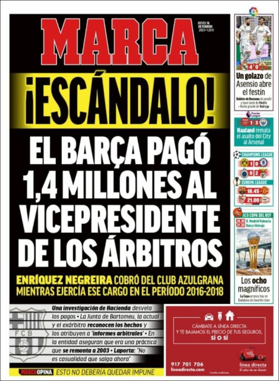 La portada de Marca está prácticamente entera dedicada al caso Negreira