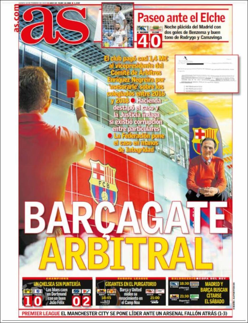 El diario AS también ha denunciado en su portada lo que han calificado como el "Barçagate Arbitral"