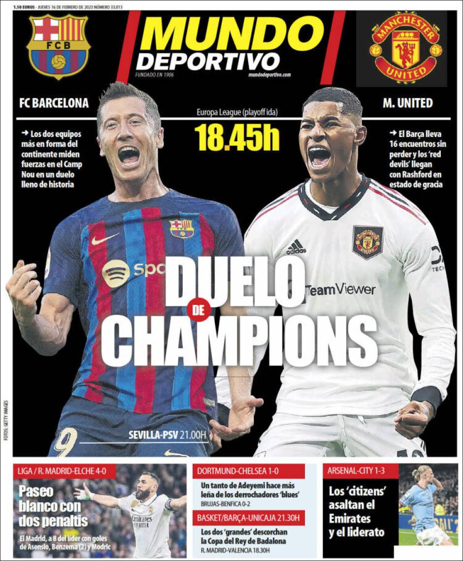 Ni rastro de El Caso Negreira en la portada de Mundo Deportivo, que únicamente lleva en su portada el choque de esta tarde ante el Manchester United