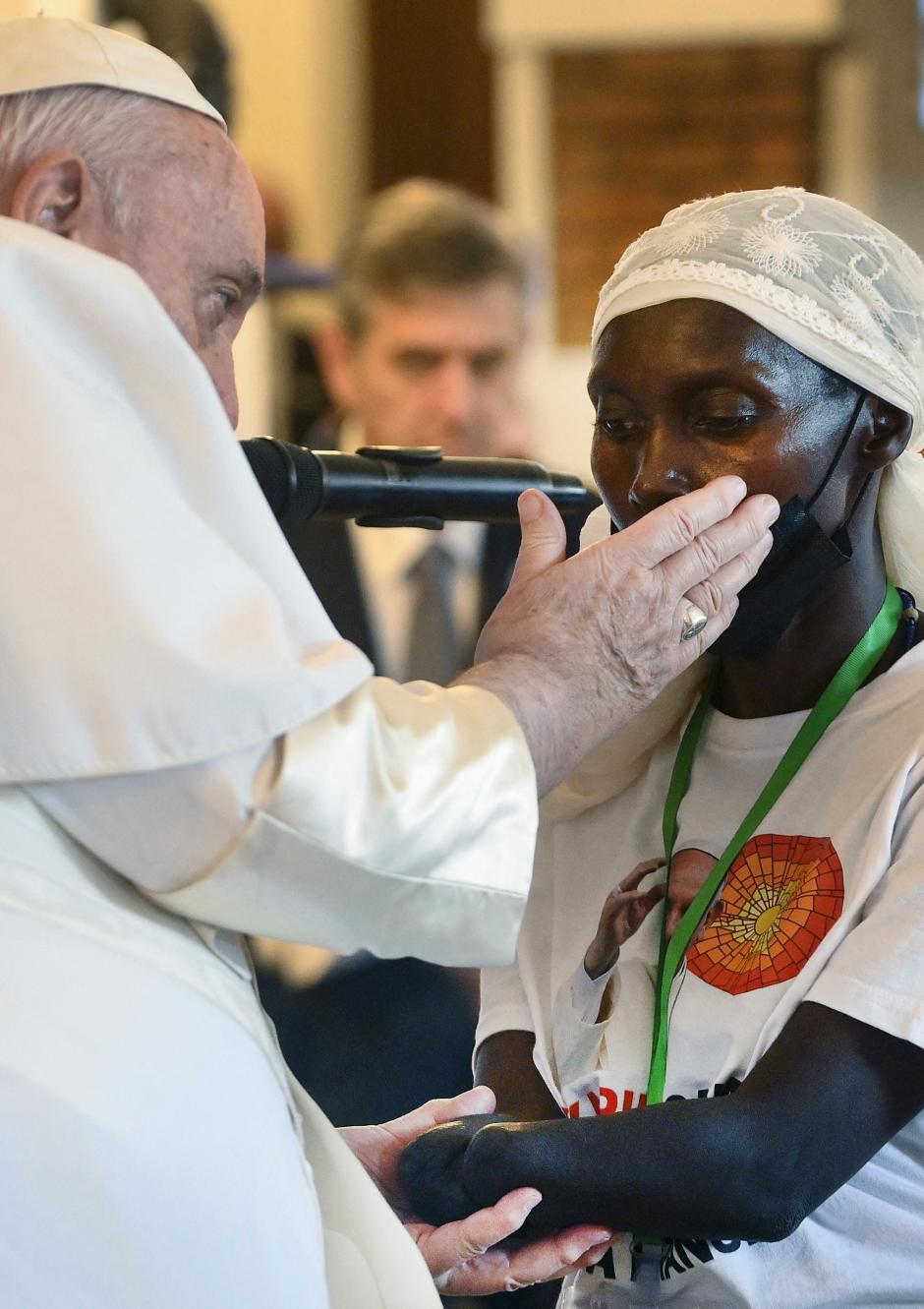 Pope Francis meets with victims of the conflict in eastern Democratic Republic of Congo at the Apostolic Nunciature in Kinshasa, Congo, on February 1, 2023, second day of his Apostolic Journey