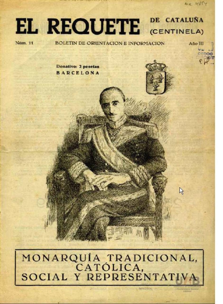 Portada de El Requete de Cataluña, n.º 11 (jul. 1959), donde aparece Javier de Borbón representado como rey con el Toisón de Oro