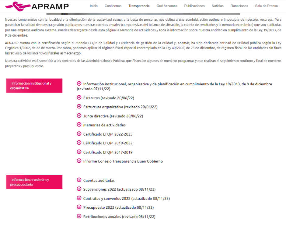 Portal de Transparencia de la APRAMP donde no viene detallado el patrimonio de la presidenta