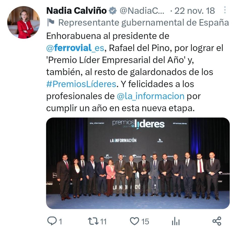 Mensaje de Calviño felicitando a Rafael del Pino por un premio
