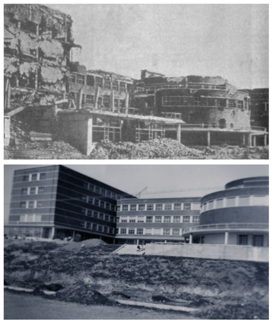 La Facultad de Filosofia y Letras de la Universidad Complutense, en 1939, al finalizar la Guerra Civil, y luego a reconstruida en los años 40